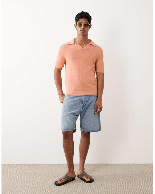 Mango Blue Cotton Mix Knitted Short Sleeve Revere Neck Poloshirt for men