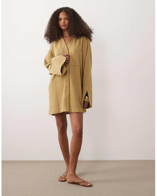ASOS Natural Double Cloth Mini Shirt Dress With Wide Cuffs And Oversized Pockets
