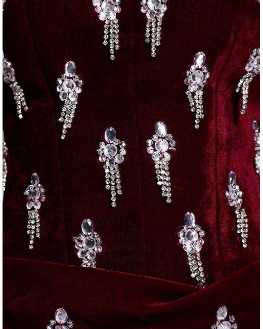 Vestido Largo Estilo Corsé De Terciopelo Con Abalorios Y Falda Superior Drapeada De Asos Design Tall-Rojo ASOS de color Purple