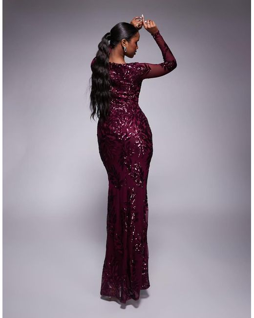 Goddiva Purple Long Sleeve Sequin Leaf Long Sleeve Maxi Dress