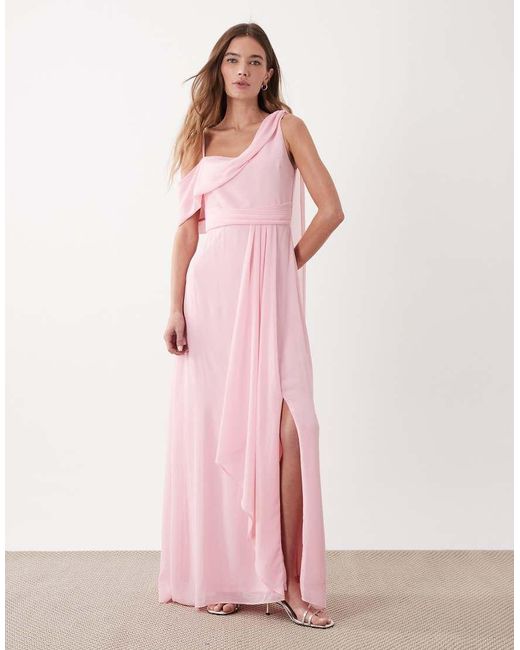 TFNC London Pink Bridesmaid Chiffon Fallen Shoulder Maxi Dress