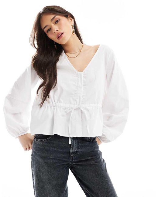 ASOS Blouse Van Popeline Met Taille Met Trekkoord En Cocoonmouwen in het White
