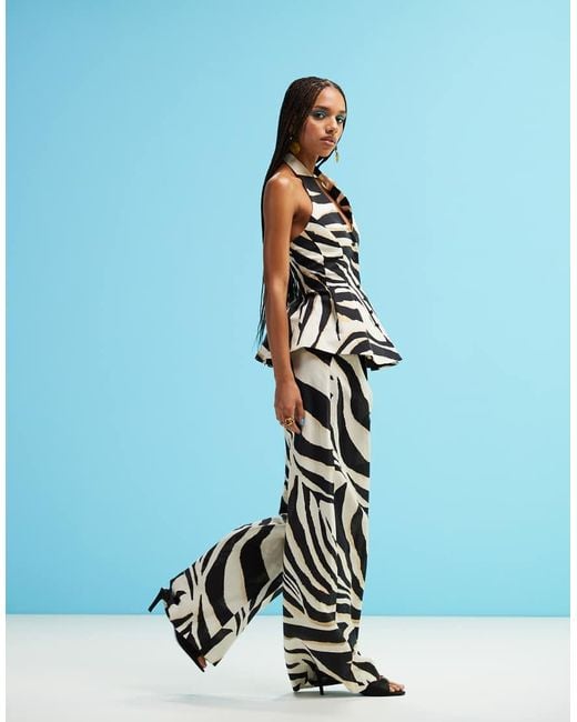 Mango Blue Zebra Wide Leg Linen Mix Trousers Co-Ord