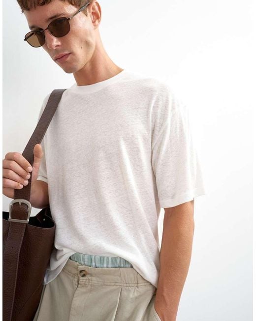 Topman White Relaxed Fit Linen Mix T-shirt for men
