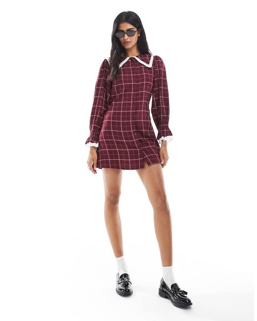 Wednesday's Girl Red Grid Check Collar Detail Mini Dress