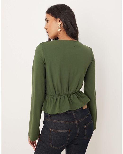 ASOS Green Long Sleeve Tee With Ruffle Detail