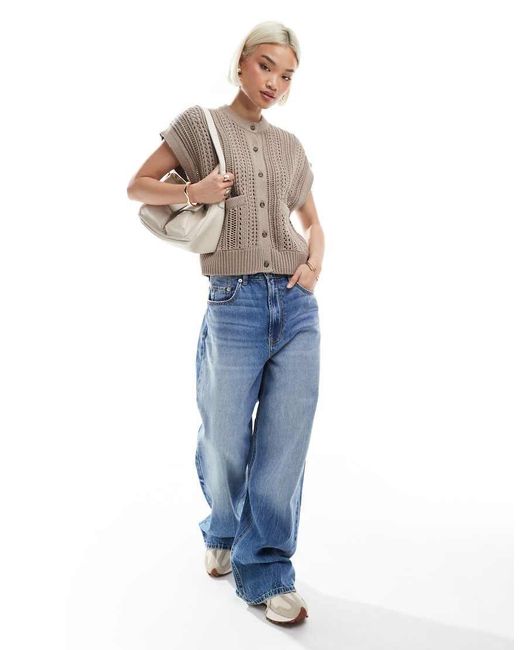 ASOS Brown Knitted Pointelle Crew Neck Boxy Waistcoat