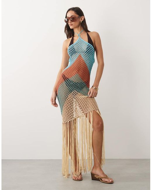 Kaiia Multicolor Exclusive Premium Halterneck Crochet Tassel Hem Maxi Dress
