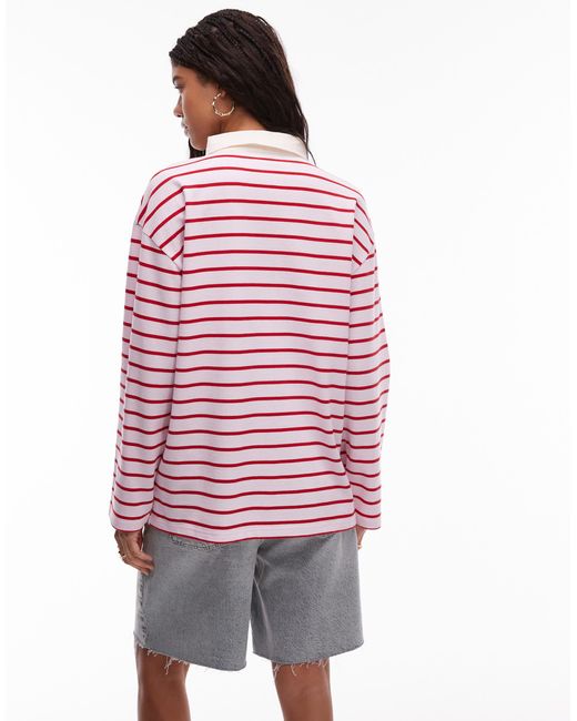 TOPSHOP Red Stripe Long Sleeve Polo Top