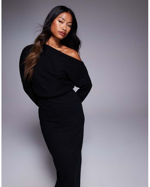Vestito Midi Morbidissimo A Maniche Lunghe Con Spalla Scivolata di ASOS in Black