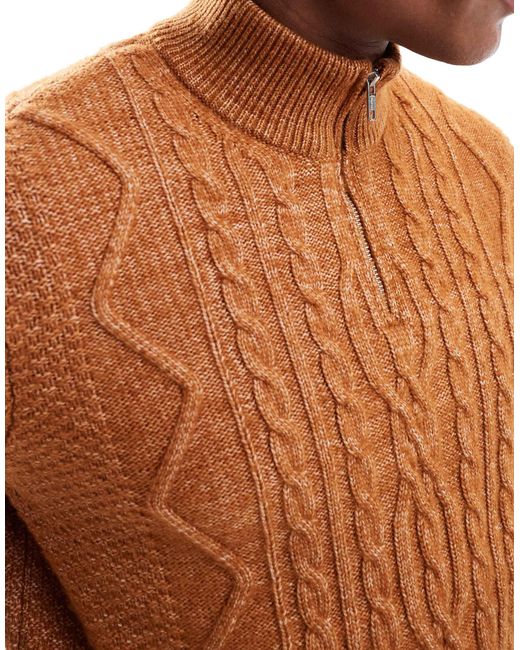 Pull en maille torsadée épaisse à col zippé - fauve ASOS pour homme en coloris Brown