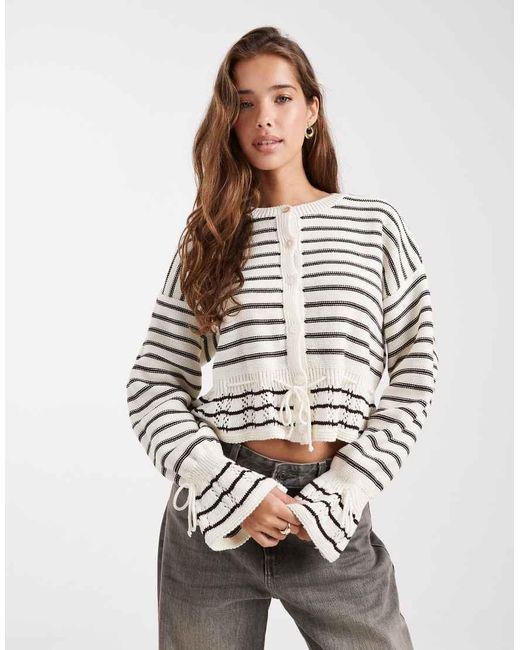 Miss Selfridge White Knitted Tie Waist Stripe Cardigan-yellow