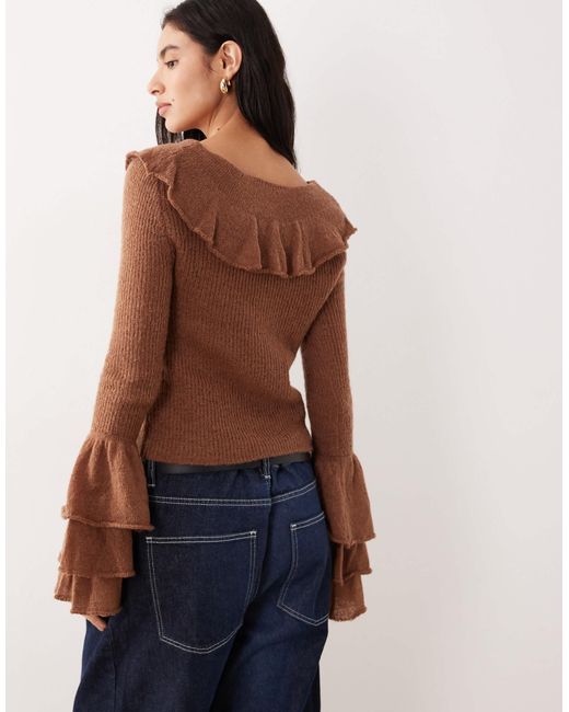Glamorous Brown Ruffle Thin Knit Top