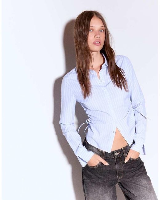 Bershka Blue Fitted Shirt With Gathered Side