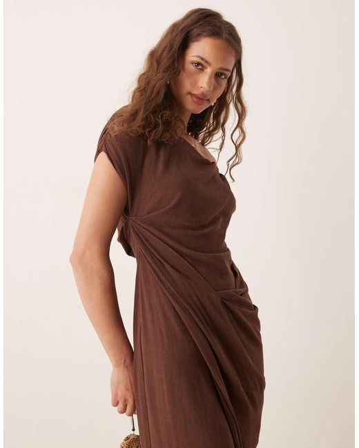 ASOS Natural Linen Blend Fallen Twisted Shoulder Wrap Skirt Detail Midi Dress