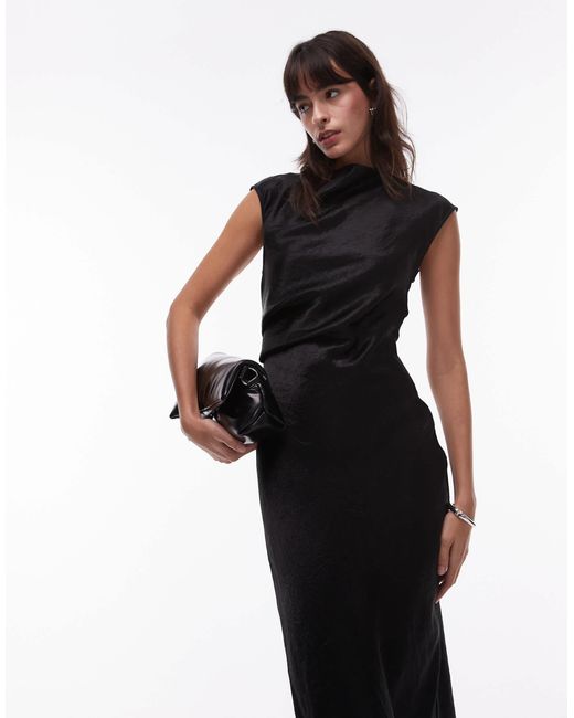 & Other Stories Black Bias Cut Satin Midi Dress With Drape Detail And Extended Shoulder