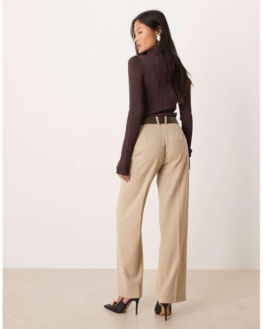 ASOS Natural Petite Tailored Slim Straight Leg Trousers With Belt