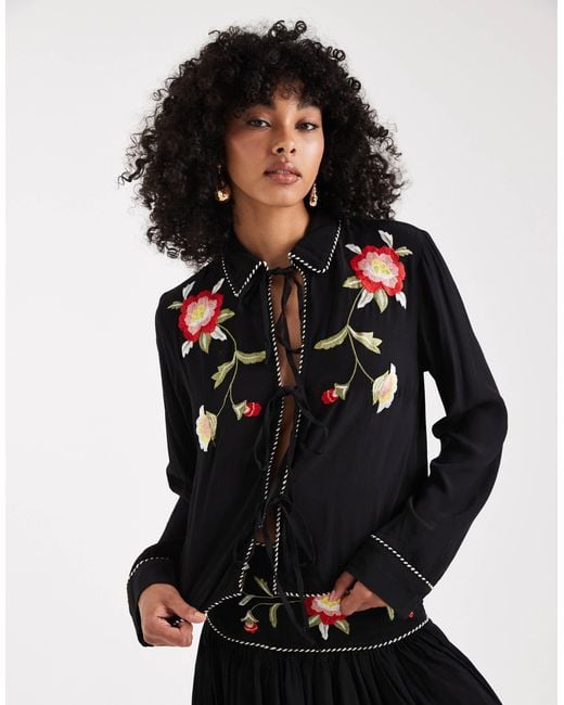 ASOS Black Tie Front Embroidery Detail Co-ord Top