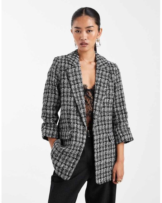 Vero Moda Gray Oversized Boucle Texture Ruched Sleeve Blazer