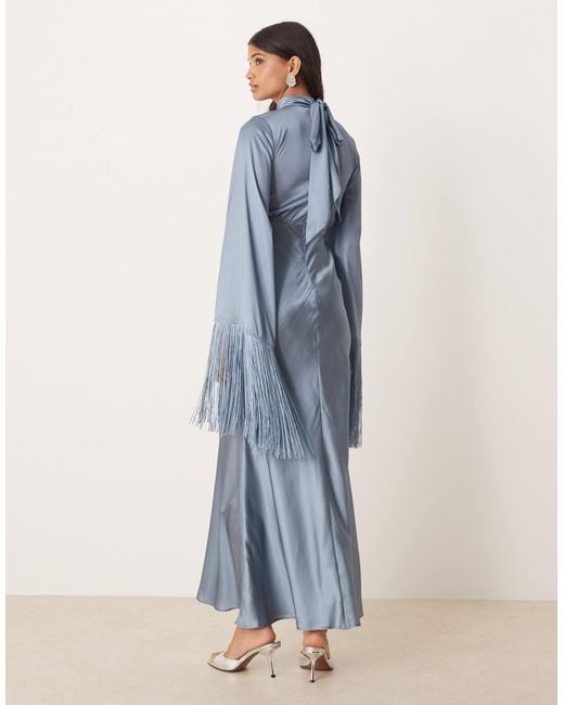 ASOS Blue Draped Neck Satin Bias Maxi Dress With Fringe Sleeve Detail