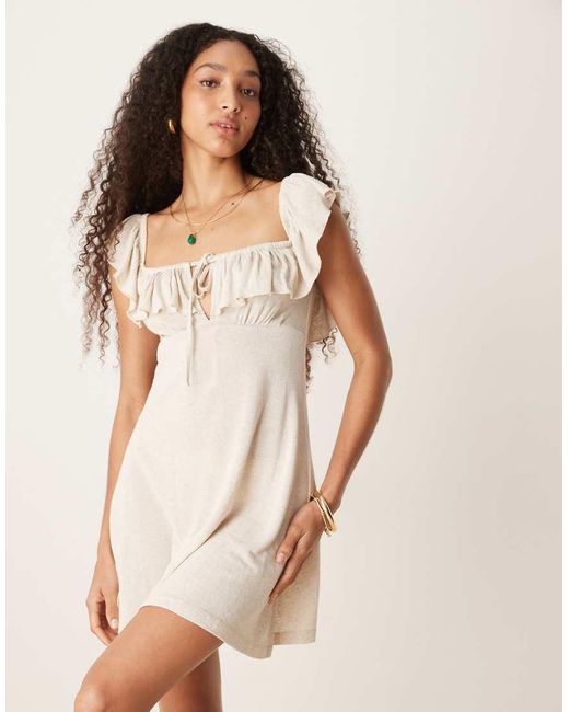 ASOS Natural Linen Look Square Neck Ruffle Detail Skater Mini Dress