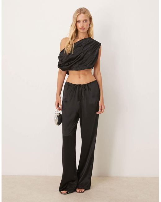 SNDY'S Black Satin Drawstring Wide Leg Pants