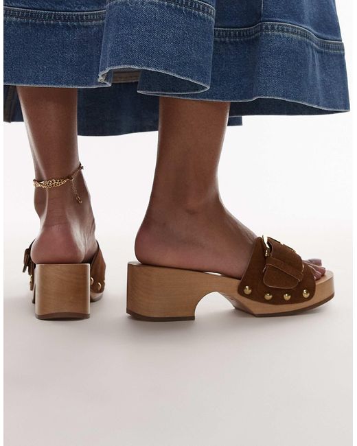 ARKET Blue Wooden Heeled Clogs With Real Suede Strap And Gold Buckle