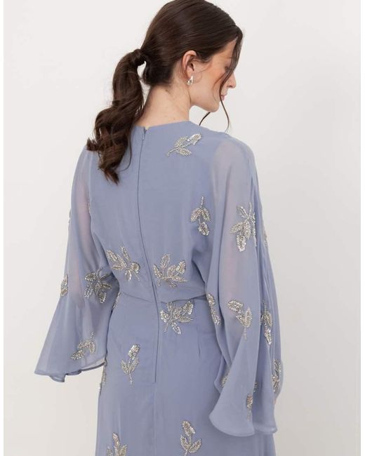 Maya Blue Floral Embellished Cape Sleeve Maxi Dress