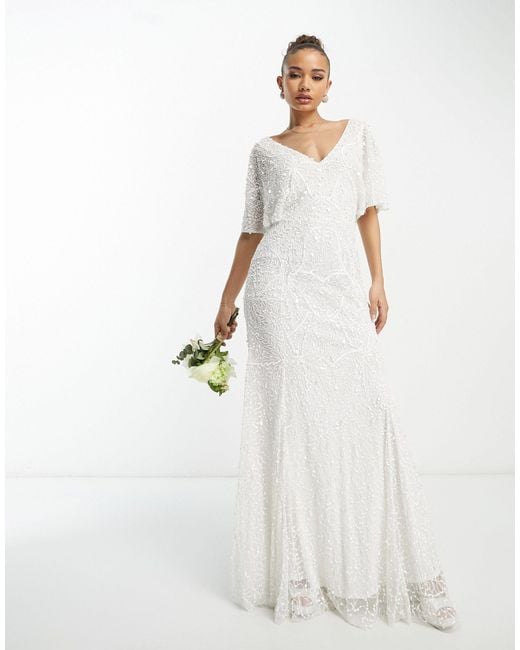 Beauut White Bridal Allover Embellished Beaded Maxi Dress With Frill Detail