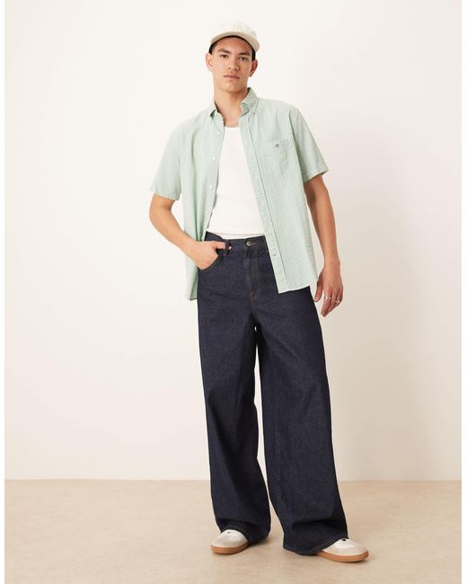 Gant White Sheild Logo Short Sleeve Seersucker Stripe Shirt for men