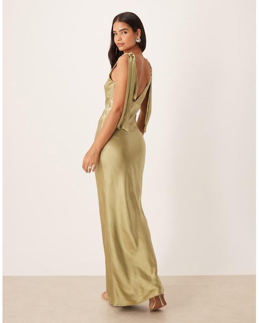 Pretty Lavish Natural Bridesmaid Piper Satin Bow Shoulders V-neck Maxi Dress