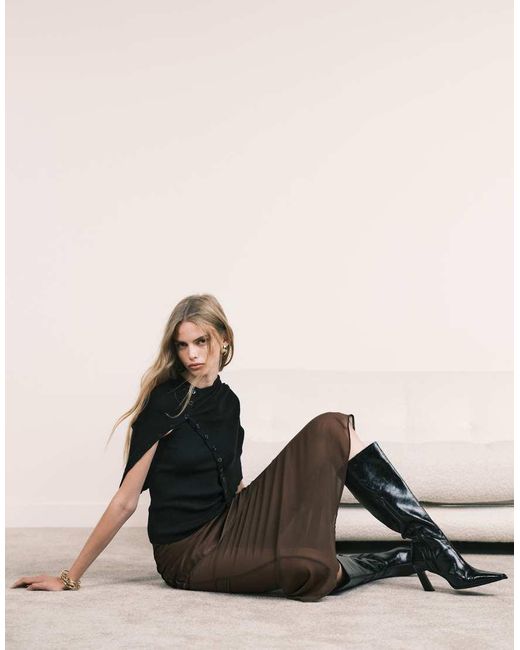 New Look Brown Satin And Chiffon Bias Midi Skirt