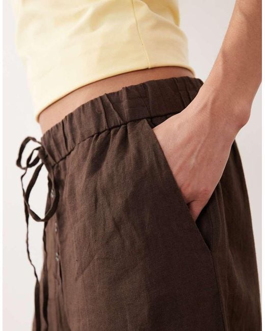Mango Brown 100% Linen Button Detail Straight Trouser