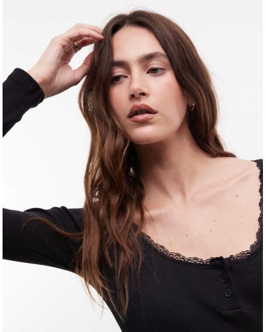 Noisy May Black Long Sleeve Henley T-shirt With Lace Neckline