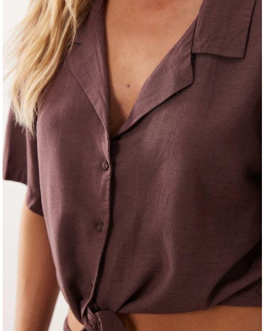 JDY Petite Brown Tie Front Linen Mix Shirt