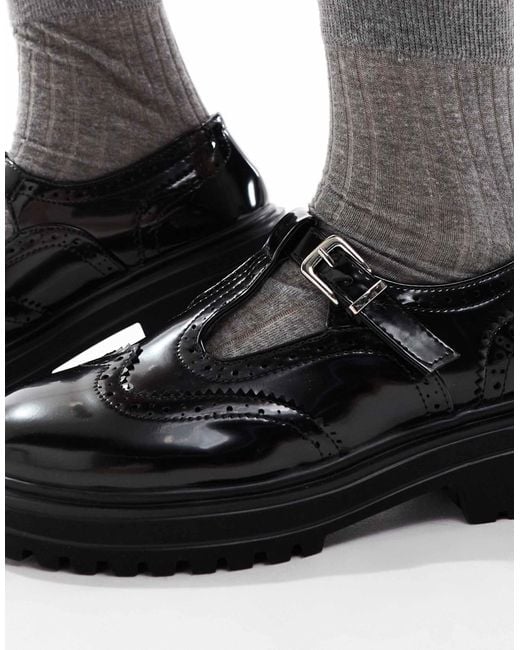 SEQWL Wide Fit Black Jeep Mary Jane Shoes With Broguing Detail