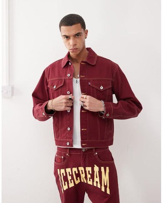 ICECREAM Red Denim Trucker Jacket With Back Print Co-ord for men