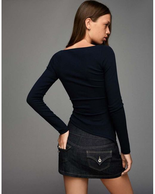 Bershka Blue Long Sleeve Asymmetric T-shirt