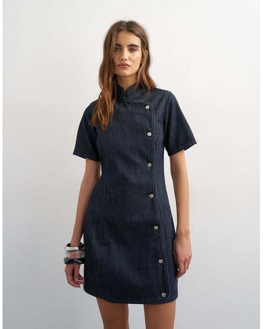 TOPSHOP Blue Denim Mandarin Collared Mini Dress
