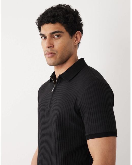 SELECTED Black Ribbed Half Zip Polo Shirt for men