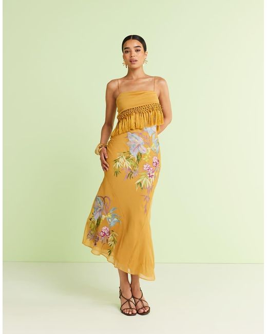 ASOS Yellow Fringe Detail Embroidered Maxi Dress