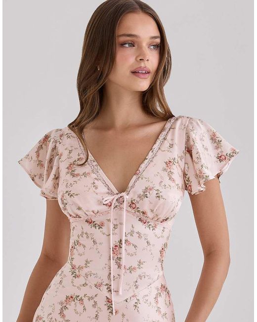 House Of Cb Pink Raye Vintage Rose Floral Print Satin V-Neck Midi Tea Dress