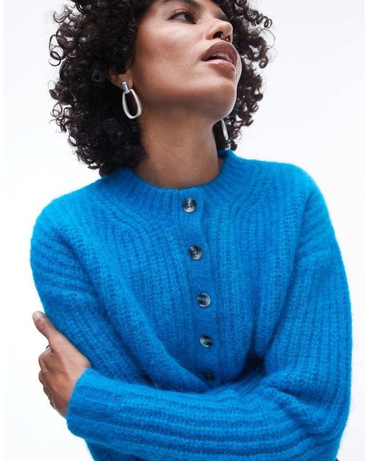 TOPSHOP Blue Premium Knitted Crew Fluffy Alpaca Cardigan