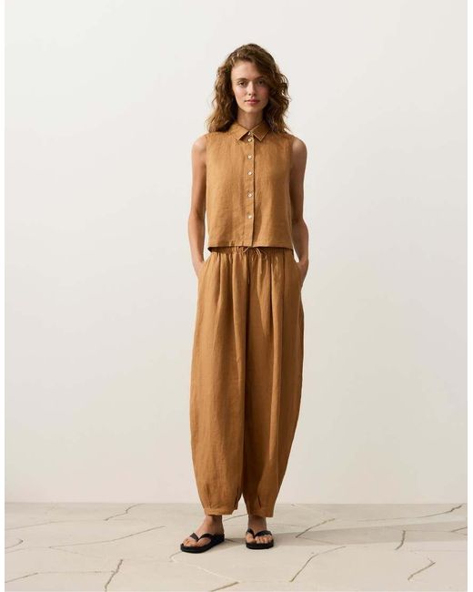 Oysho Brown 100% Linen Sleeveless Cropped Shirt