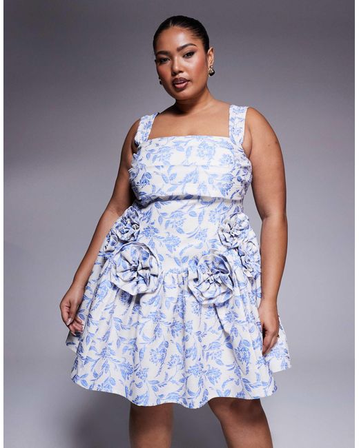 ASOS Blue Curve Jacquard Pleated Bust Mini Skater Dress With Corsages