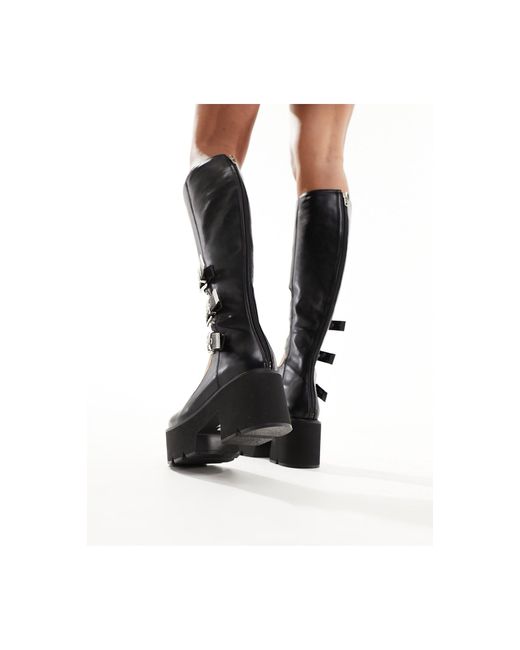 Lamoda Black Lift Up Chunky Knee Boots With Cut Out Buckle Detail