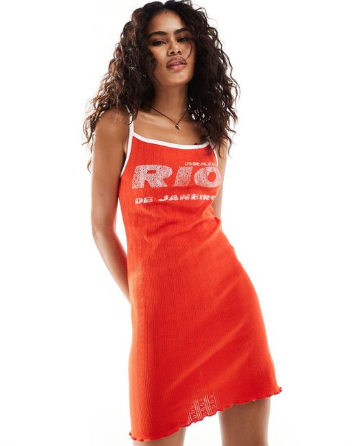 Collusion Red Pointelle Cami Mini Dress With Rio Print