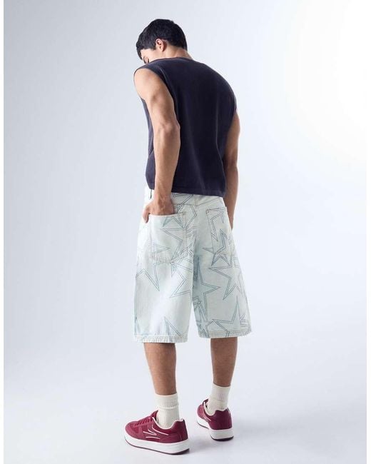 Bershka Blue Super baggy Denim Bermuda Shorts With Stars for men
