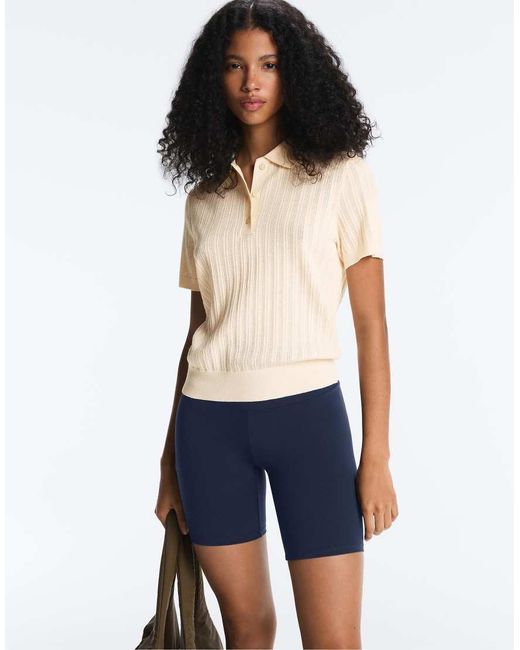 Oysho Blue Pointelle Knit Polo Shirt