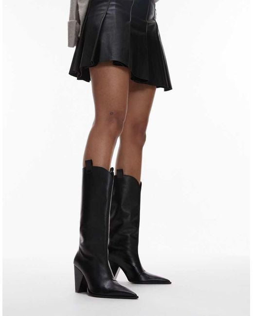 TOPSHOP Black Remy Premium Leather Heeled Western Boot